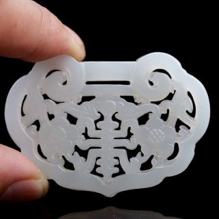 Chinese Collectable White Jade Hand Carved Double Flower Lock Shape Pendant Z photo