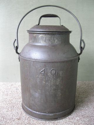 Antique Milk Cream Can Primitive 4 Qt 1 Gal Tin Dairy Farm Pail Bail Handle Lid photo