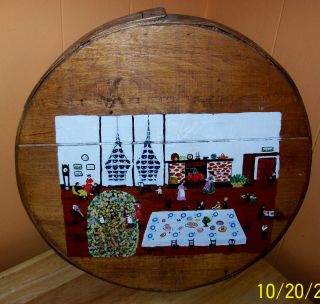 Hand Painted Folk Art On Wood Basket Lid Christmas Holiday Scene photo