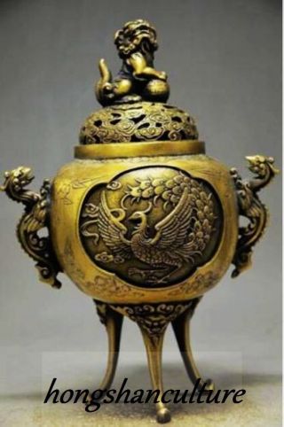 Collectible Chinese Bronze Handwork Carved Dragon And Phoenix Lion Incense Burne photo