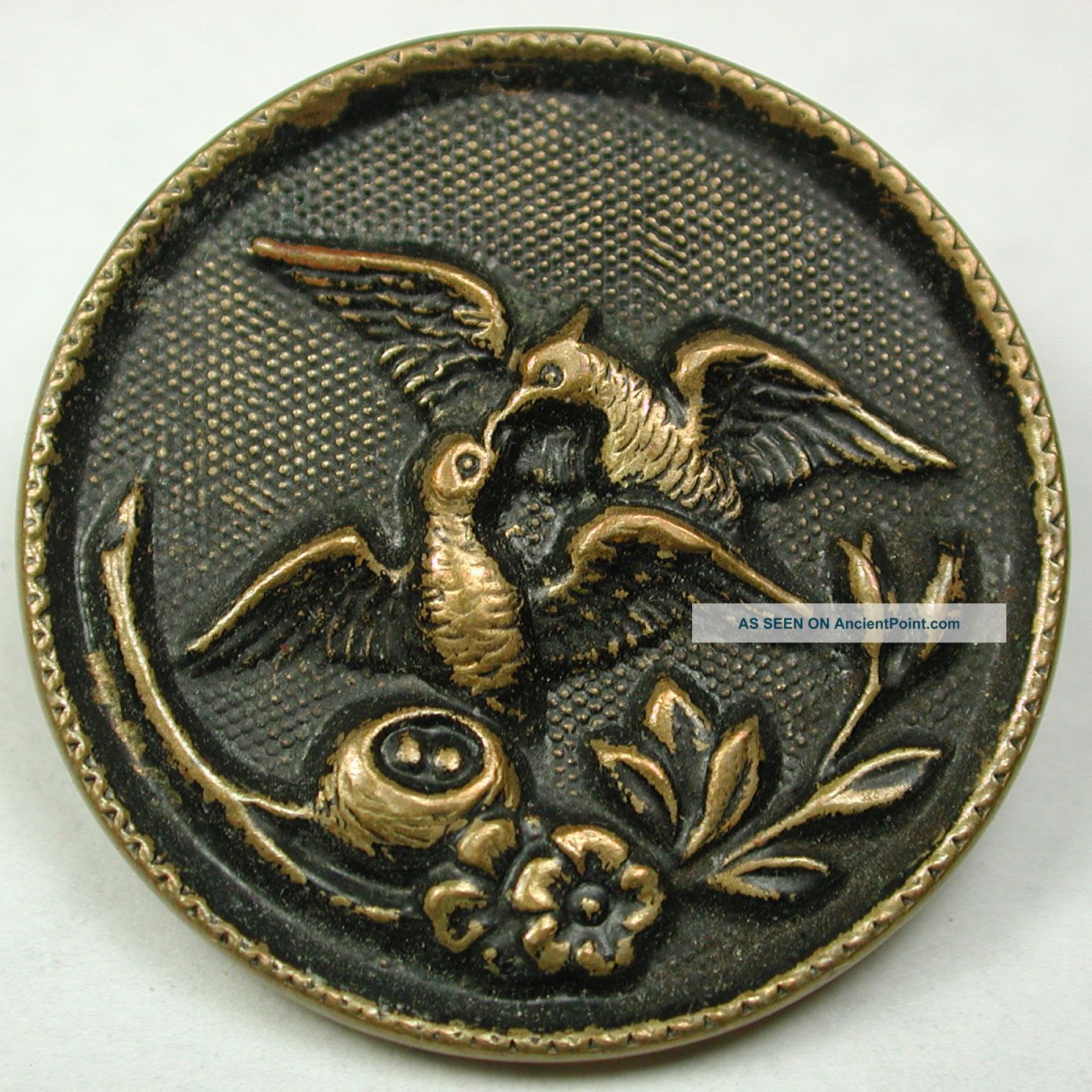 Antique Brass Button Two Birds Kissing Design - 1 & 3/16 Inch Buttons photo
