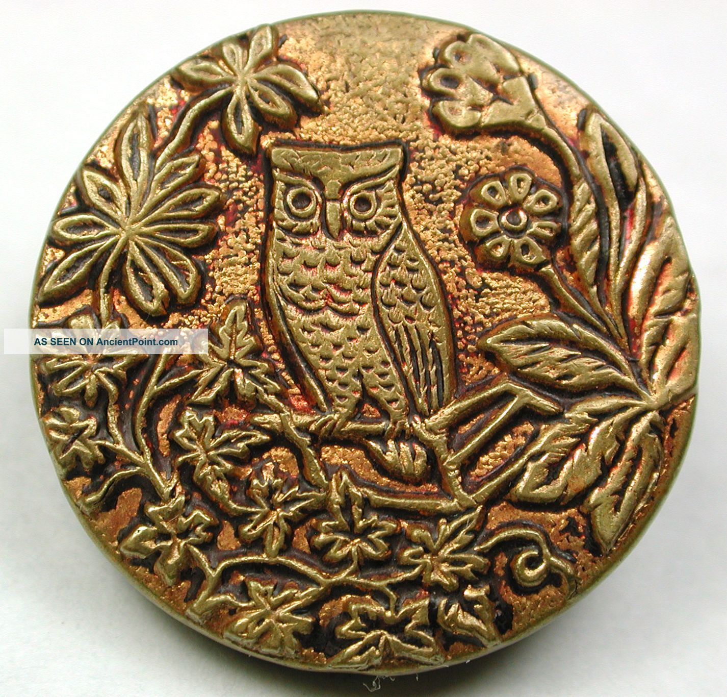 Med Sz Antique Brass Button Owl Perched On Flowering Branch - 15/16 