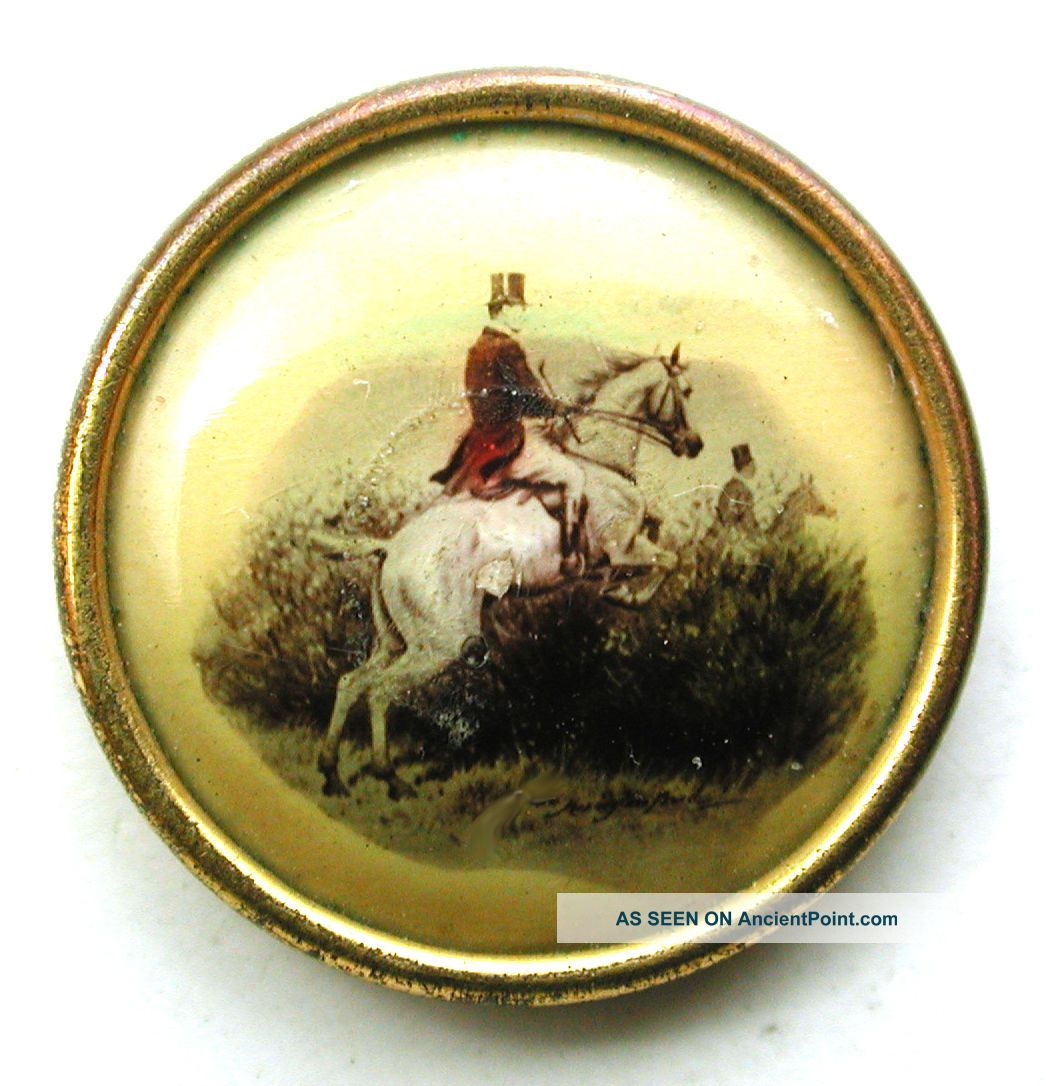 Antique Lithograph Waistcoat Button Equestrian Scene Jumping Hedge Design 9/16 