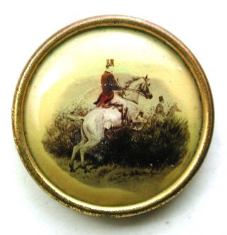 Antique Lithograph Waistcoat Button Equestrian Scene Jumping Hedge Design 9/16 
