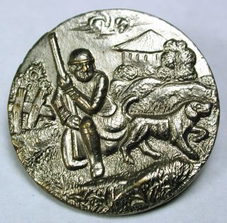 Antique Silver On Brass Button Hunter & Faithful Dog Scene - 1 & 1/16 