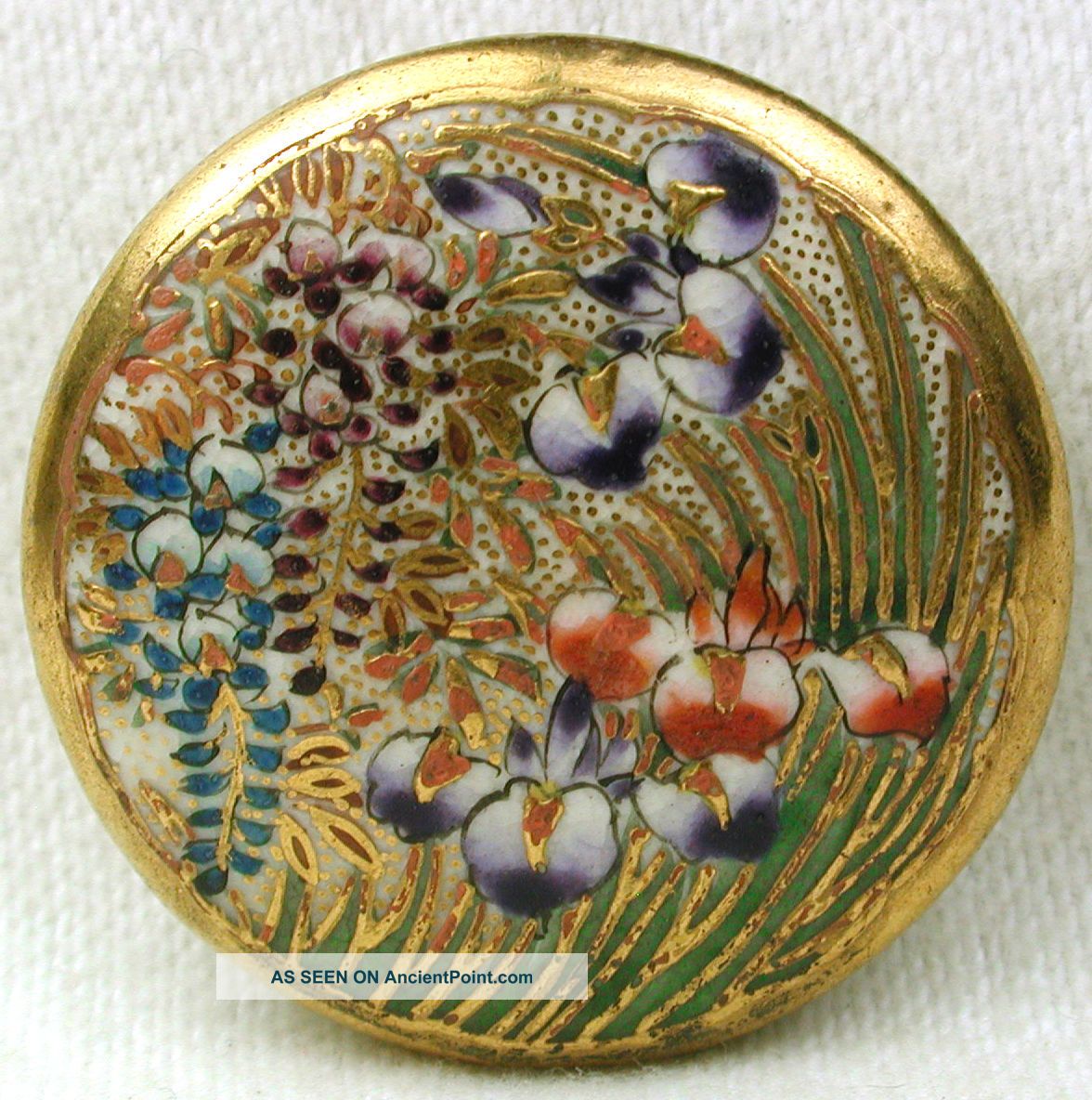 Antique Meiji Era Satsuma Button Detailed Wisteria & Iris W/ Flowers - 1 & 1/8 