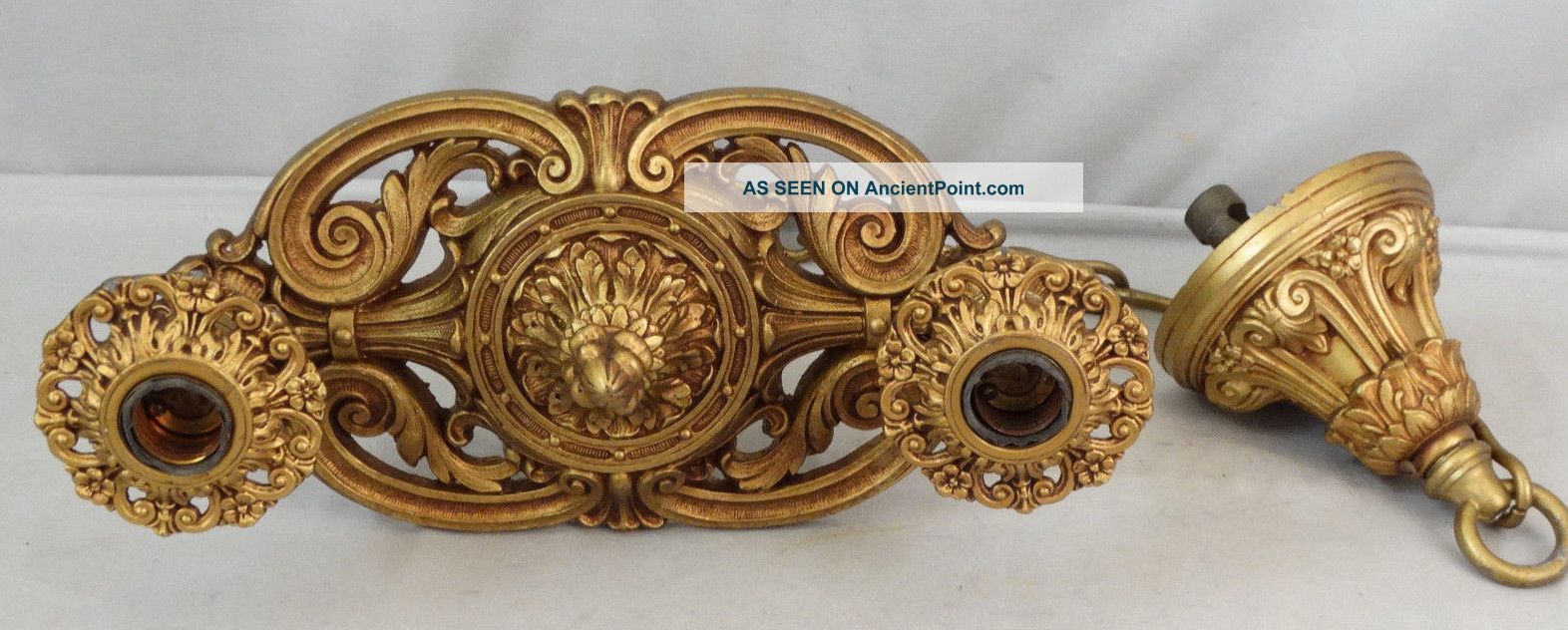 Antique Art Nouveau Era Gold Flower Repousse Old Victorian Hanging Chandelier Chandeliers, Fixtures, Sconces photo