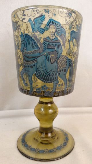 Antique German Old Bohemian Painted Lady On Horse Man & Dog Wine Goblet Glass photo