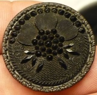 Antique Rare Black Glass Lacy Design Button Encased In Steel Frame 1 1/4 