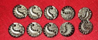 11 Antique Victorian Matching Silver Lustre Black Glass Buttons photo
