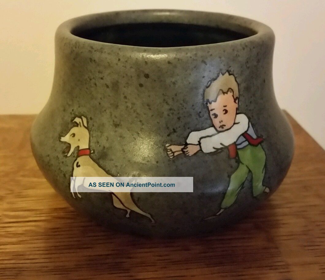 Antique Arts & Crafts Teptitz Stellmacher Matte Grey Boy Dog Art Pottery Vase Arts & Crafts Movement photo