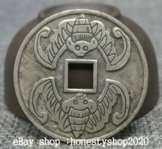 33mm Chinese Miao Silver Fengshui Marked Two Fu Bat Money Hole Currency Coin photo
