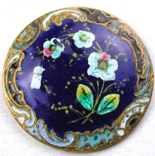 Antique Enamel Button Exotic Flower Over Foil Design Champleve Border Paris Back photo