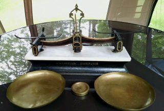 Antique 1800’s W.  T.  Avery Marble Top Roberval Scale W/brass Pans & No.  5 Weight photo