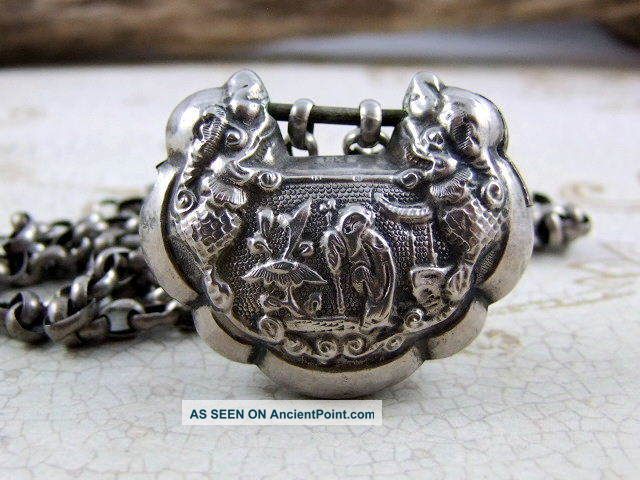 Antique Chinese Sterling Silver Lock Carved Dragon W/ Classical Carved Necklace Tea/Coffee Pots & Sets photo