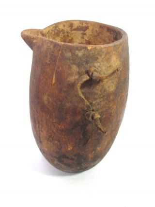 Antique African Wood Vessel W/ Spout & Leather Handle Unknown Tribe 18 photo