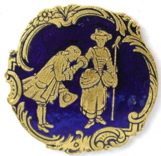 Antique French Enamel Button Romantic Scene Man Kisses Woman ' S Hand 1 & 1/8 