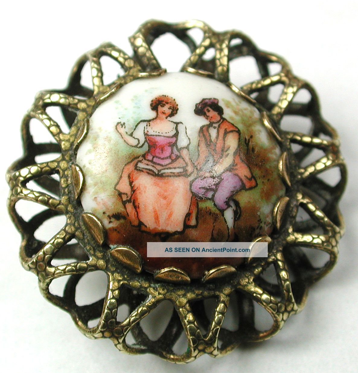 Antique Porcelain Button Hand Painted Romantic Scene W/ Pierced Brass Border Buttons photo