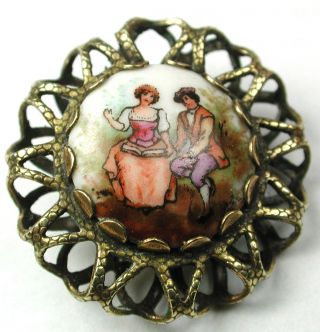 Antique Porcelain Button Hand Painted Romantic Scene W/ Pierced Brass Border photo