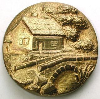 Antique Brass Button Cottage & Old Stone Bridge Design - 1 & 1/16 