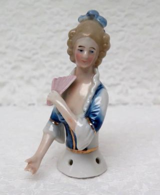 Vintage Victorian Lady With Fan Porcelain Pin Cushion Half Doll C 1900 - 1940 photo