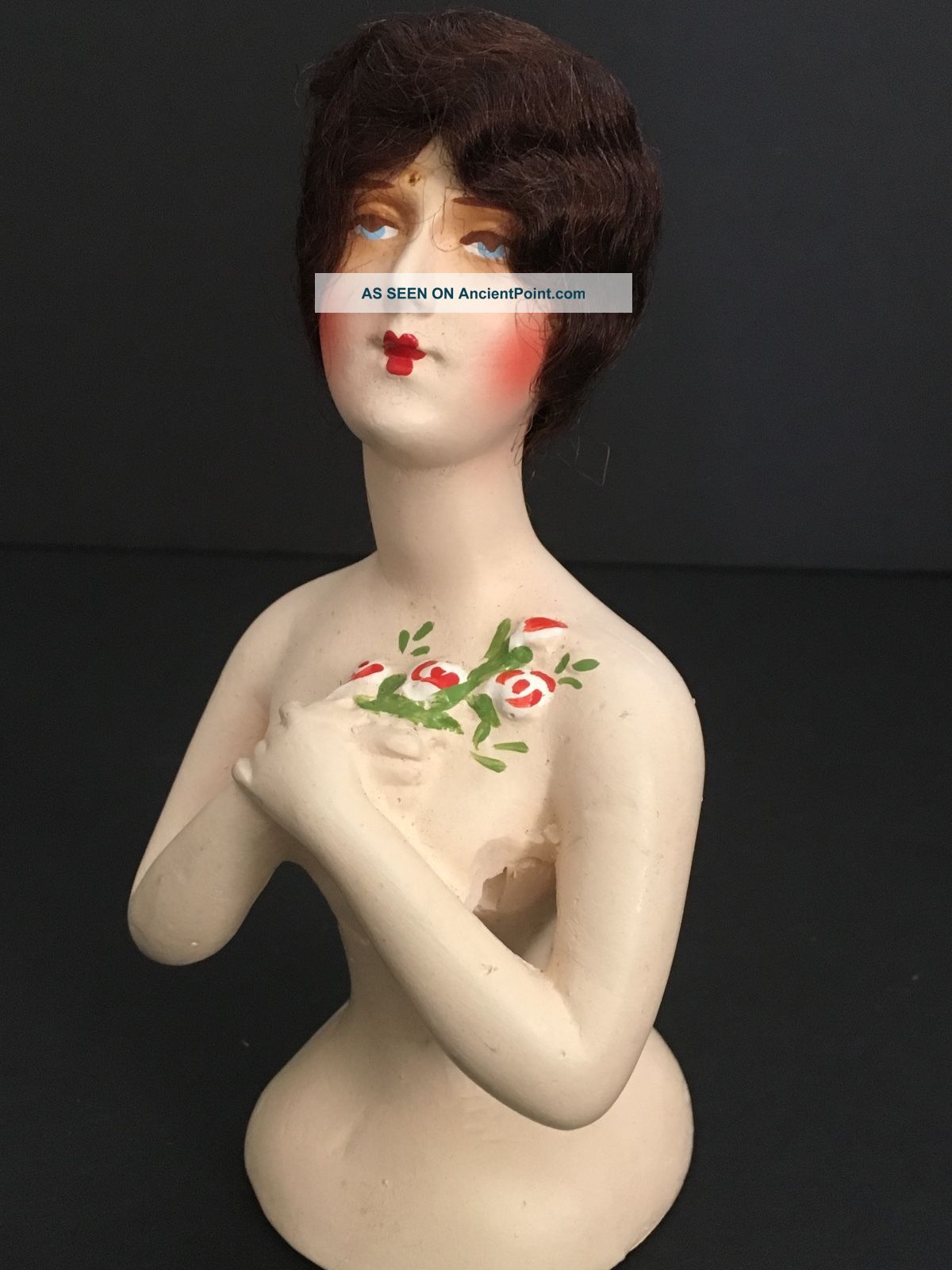Antique Art Deco Chalkware Half Doll 1925 Brunette Mohair Roses Paris Apt Ar1105 Pin Cushions photo