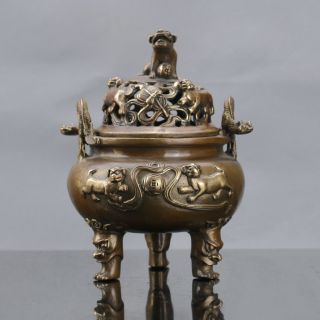 Chinese Brass Hand Carved Fu Dogs & Lions Lid Incense Burner W Qianlong Mark photo