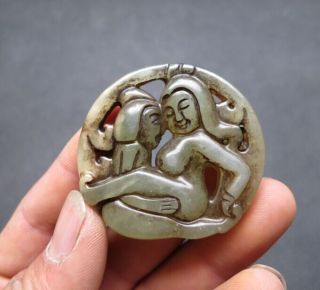 Old Chinese Jade Hand - Carved Man Woman Art Pendants Y1977 photo
