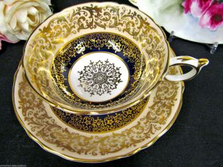 Paragon Tea Cup And Saucer Peach & Cobalt Blue Gold Gilt Pattern Teacup photo