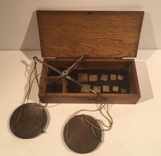 Antique Vintage Travelling Apothecary Chemist Brass Balance Scales And Weights photo