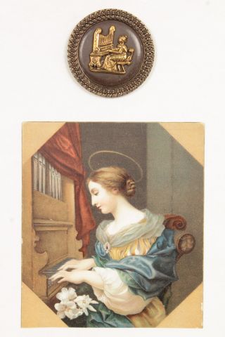 Antique 19c Saint Cecilia Large Ornate Brass Filigree Button Woman Playing Organ photo