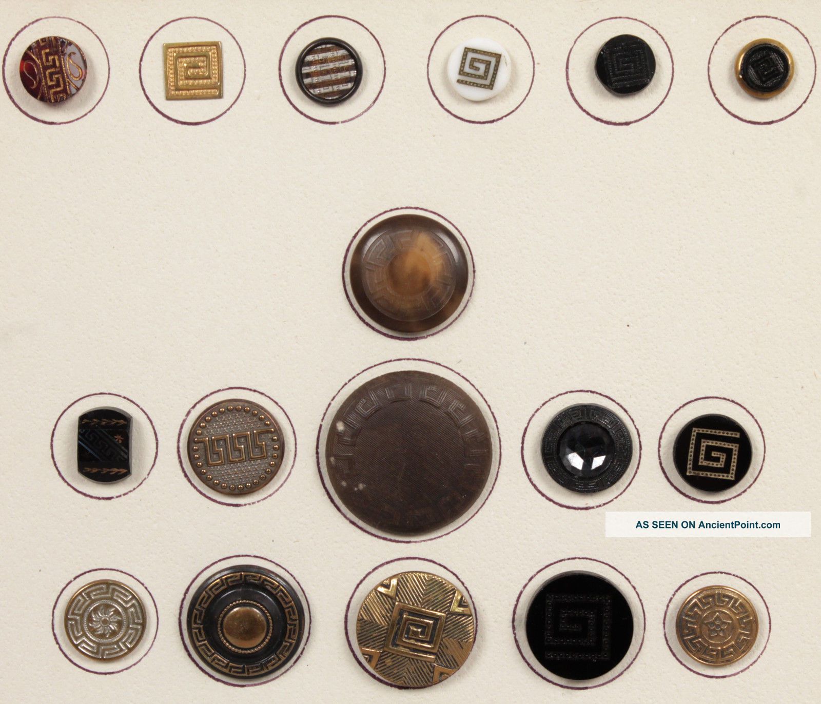 Antique 19c Group Brass Glass Greek Key Variations Buttons W Steel Cut Beads Buttons photo