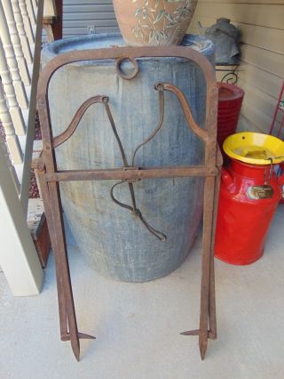 Vintage Antique Hay Bale Fork Spear / Lifting Tool Leather Iron Primitive photo