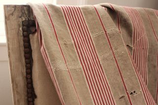 Antique French Ticking Fabric Primitive Linen Old C1850 Distressed Timeworn photo