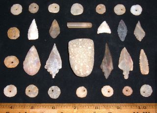 (28) Piece Sahara Neolithic Sampler - - Points/beads/celt/plug,  African Artifacts photo