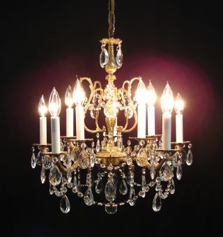 Vintage French Brass Crystals Swags Acanthus Leaf 10 Light Chandelier - Ornate photo