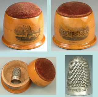 Antique Mauchline Ware Thimble Case/pincushion Conwy Sterling Silver Thimble photo