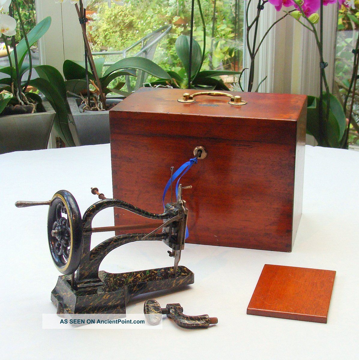 Mid C19th Miniature Sewing Machine Fitted Mahogany Case Key Paris C1860 Sewing Machines photo