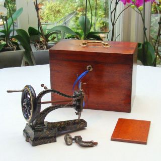 Mid C19th Miniature Sewing Machine Fitted Mahogany Case Key Paris C1860 photo