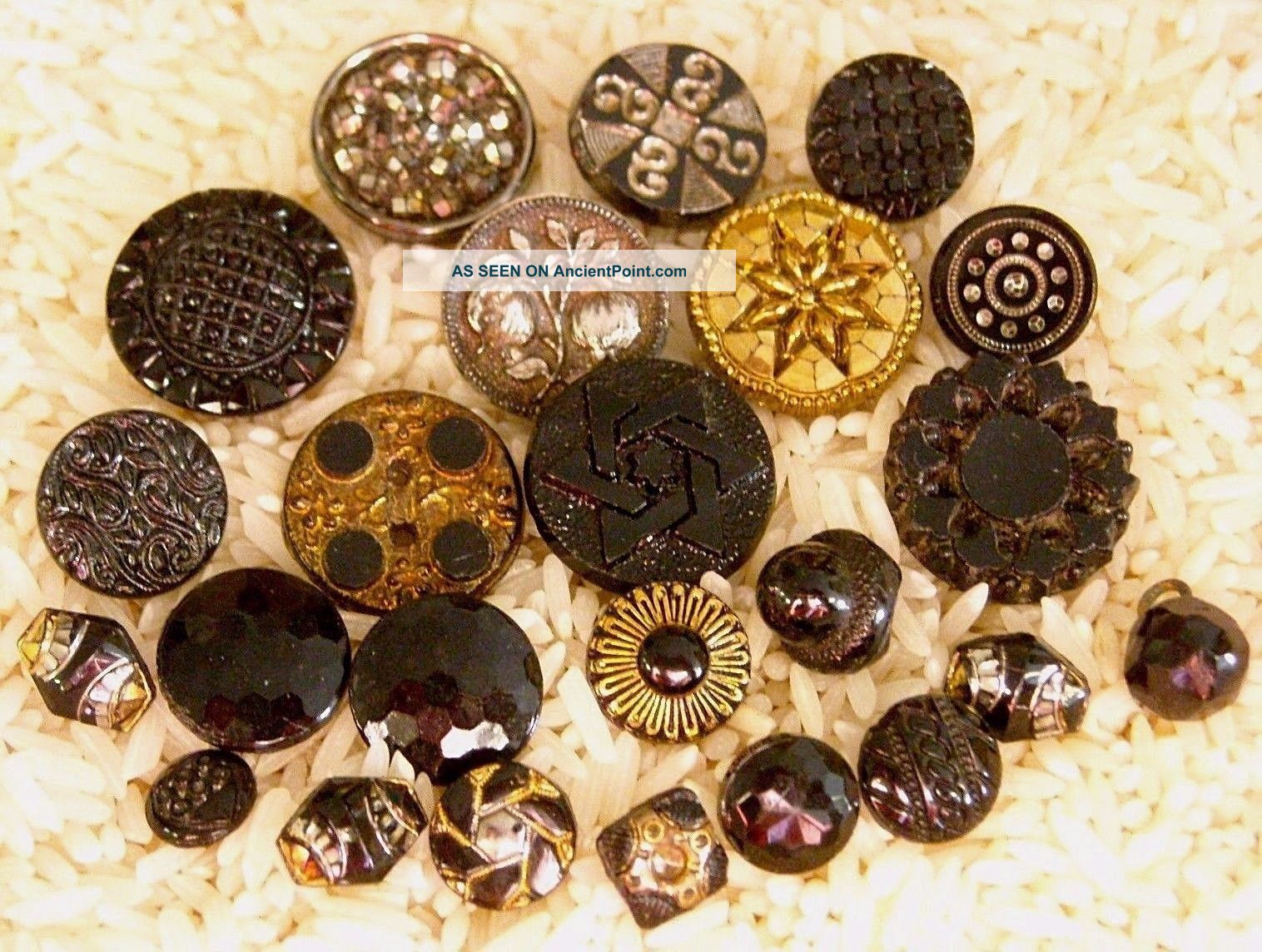 24 Antique Black Glass Buttons Silver & Gold Luster Diminutives Star Of David Buttons photo