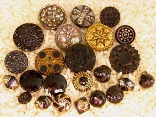 24 Antique Black Glass Buttons Silver & Gold Luster Diminutives Star Of David photo