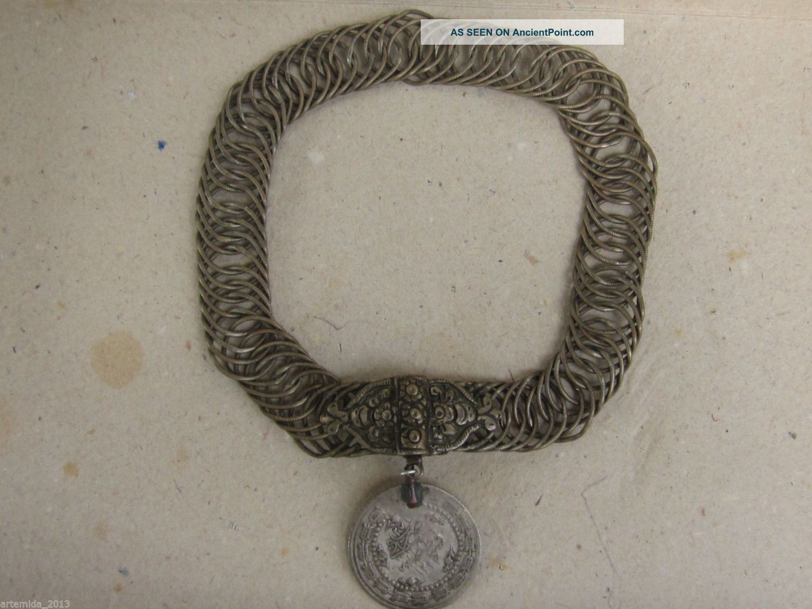 Rare Antique Ottoman Era Silver Folklore Necklace With Coin Hand Made 19th C Islamic photo