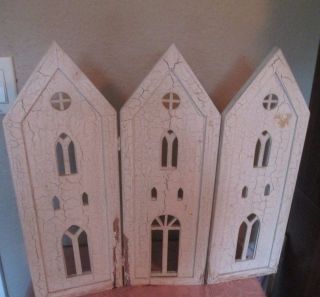 Small Shabby Cottage Trifold Wood White Steeple Screen Crackle Finish photo