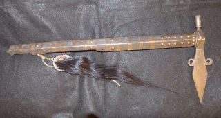 Antique Indian Peace Pipe Tomahawk Spontoon Head Ash Haft Plains Hair Drop 1840 photo