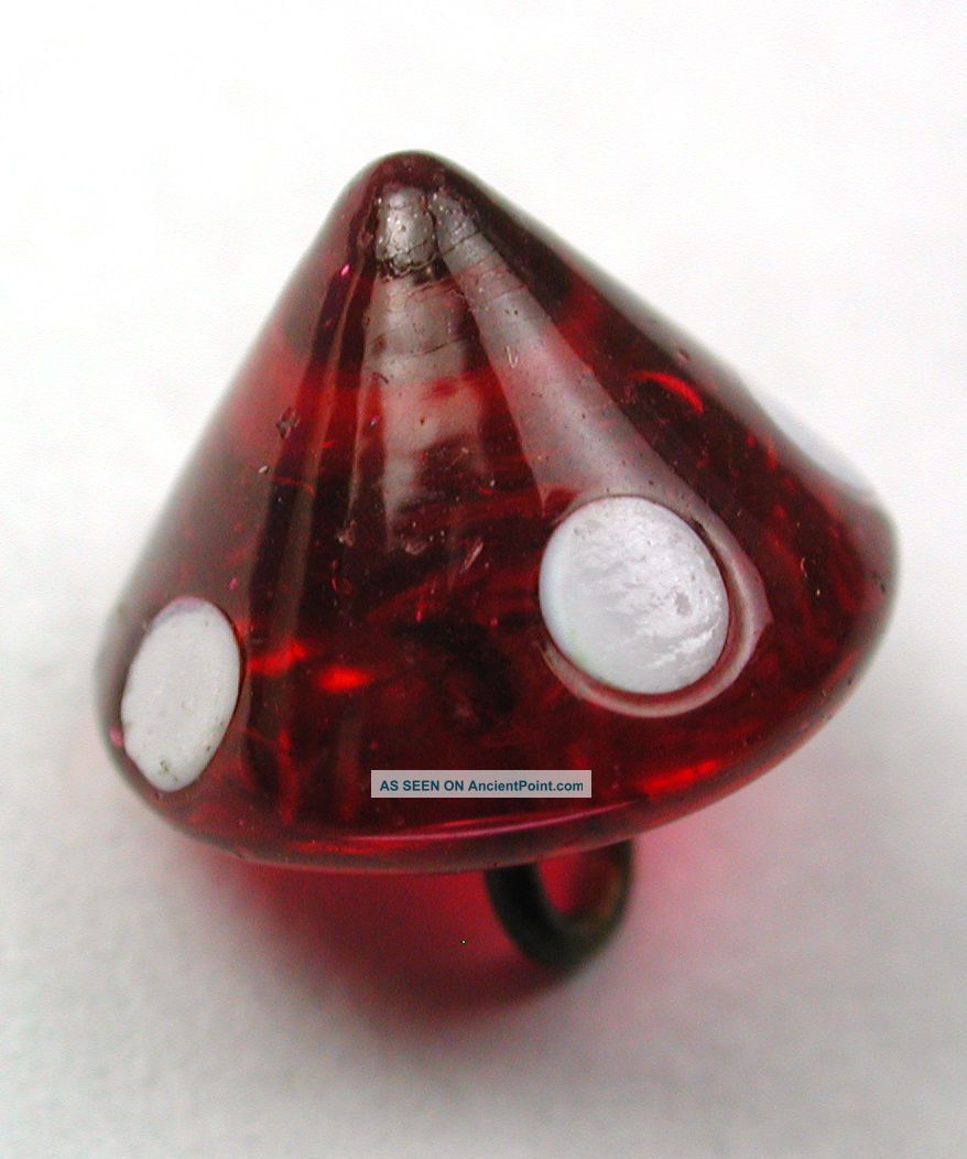 Antique Glass Charmstring Button Red Cone W/ White Dots - Swirl Back 3/8 