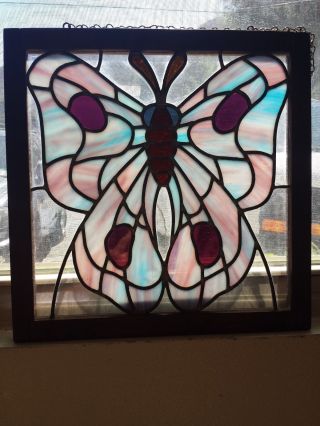 Leaded Stained Glass Window,  Signed Art,  Vintage,  Wood Frame photo