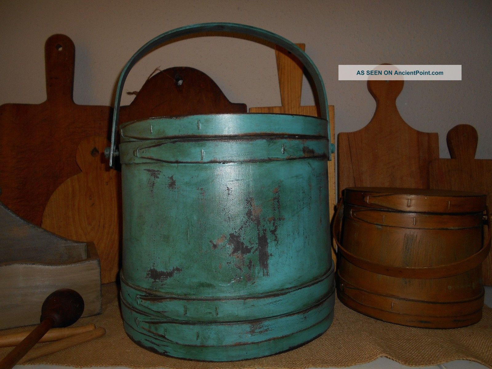Primitive Firkin Wooden Bucket 4 Finger Band Robin ' S Egg Blue Cupboard Hue Primitives photo