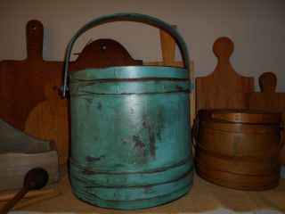 Primitive Firkin Wooden Bucket 4 Finger Band Robin ' S Egg Blue Cupboard Hue photo