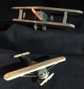 2 Antique Primitive Folk Art Green Wood Toy Planes With Propellers Us Army Aafa photo
