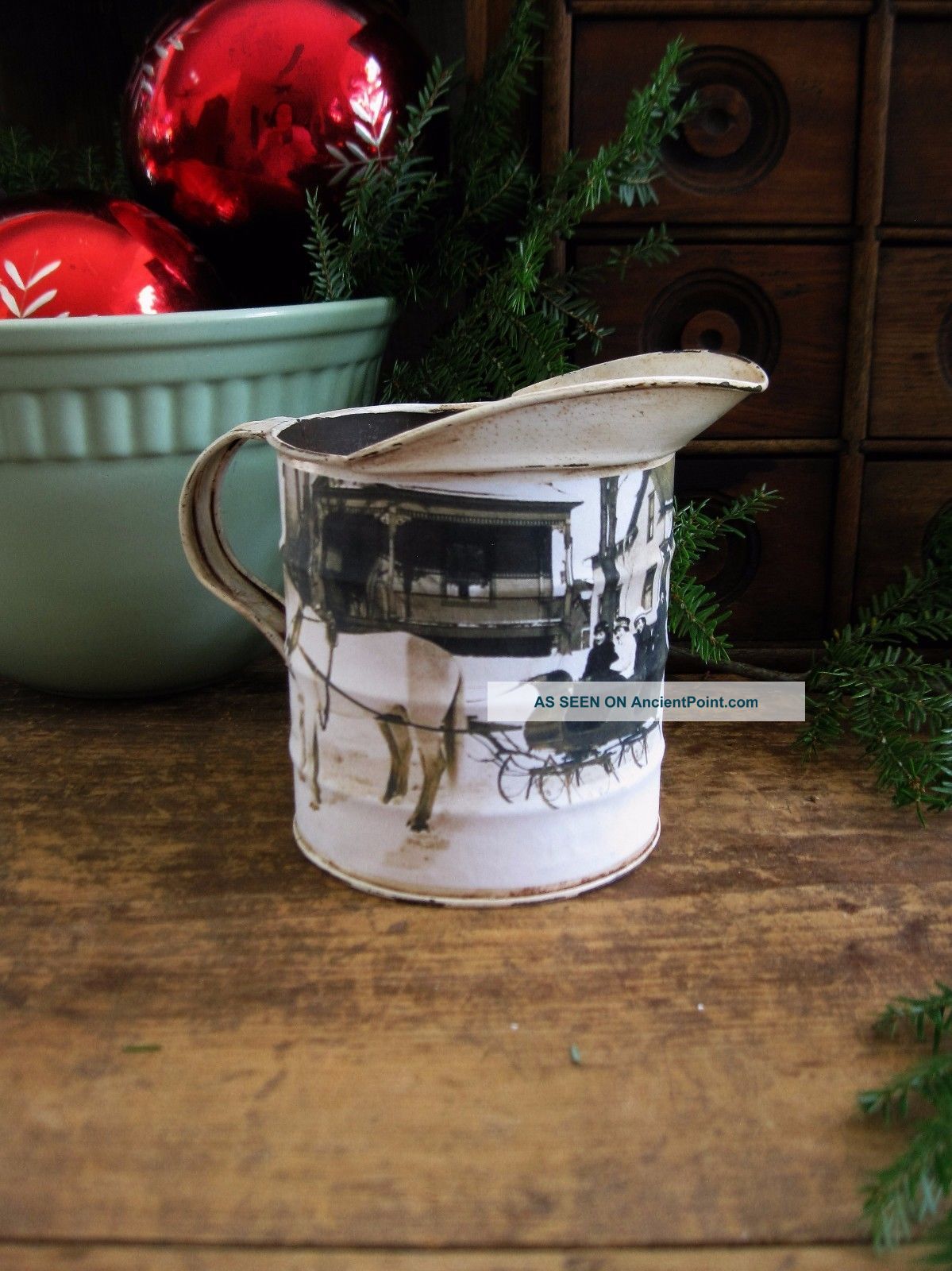 Antique Tin Measure With Old Photo Print Horse And Sleigh Primitive Christmas Primitives photo